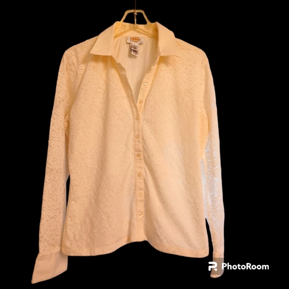 TALBOTS OFF WHITE LINED LACE BLOUSE WITH SHEER SLEEVES Size LARGE
